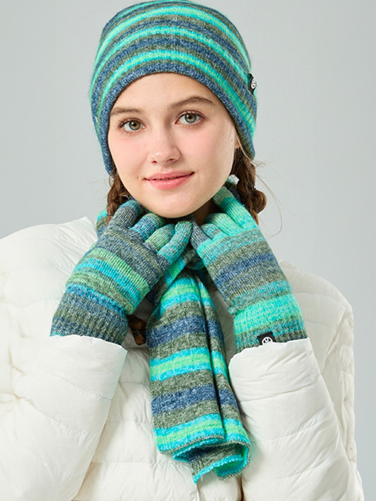 Ensemble Hiver Tedam - Bonnet Écharpe & Gants Rayés - Style Dégradé Cocooning