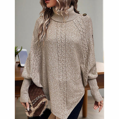 Women's Asymmetry Hem Turtleneck Sweater - Batwing Long Sleeve Casual Pullover For Fall Winter