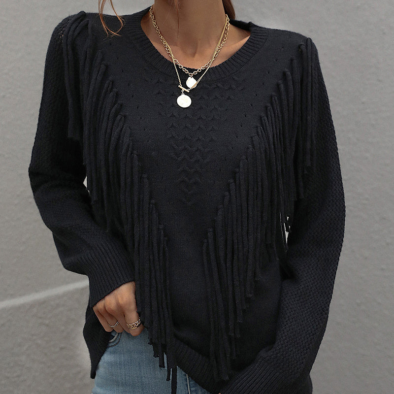 Women's Fringe Tassel Sweater - Casual Long Sleeve Crewneck Knit Pullover For Fall
