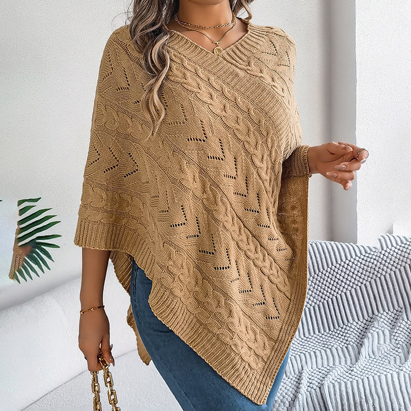 Women's Solid Color V-Neck Cape Sweater Batwing Sleeve Open-Knit Cardigan With Asymmetrical Hem