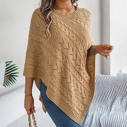 Women's Solid Color V-Neck Cape Sweater Batwing Sleeve Open-Knit Cardigan With Asymmetrical Hem