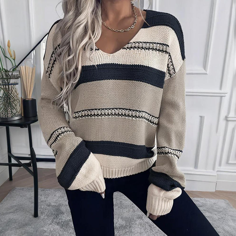 Women's French Vintage Striped Sweater, V-Neck Long Sleeve Stretch Knit Top For Fall Winter Layering