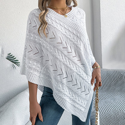 Women's Solid Color V-Neck Cape Sweater Batwing Sleeve Open-Knit Cardigan With Asymmetrical Hem