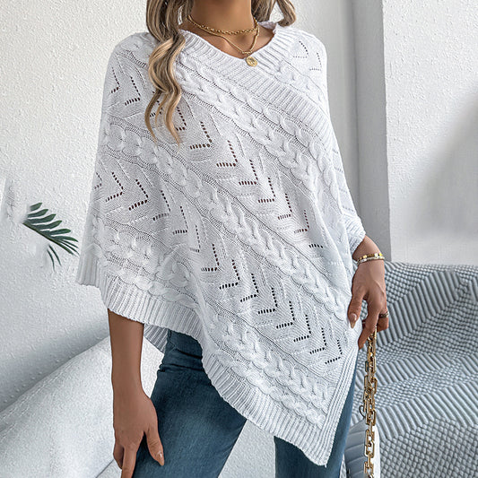 Women's Solid Color V-Neck Cape Sweater Batwing Sleeve Open-Knit Cardigan With Asymmetrical Hem