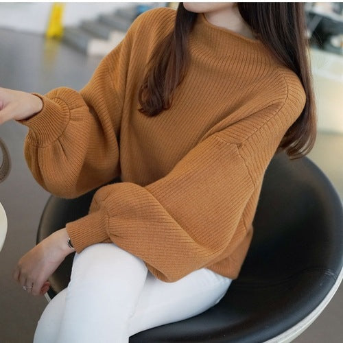 Half-high Collar Short Lantern Sleeve Pullover Sweater Women