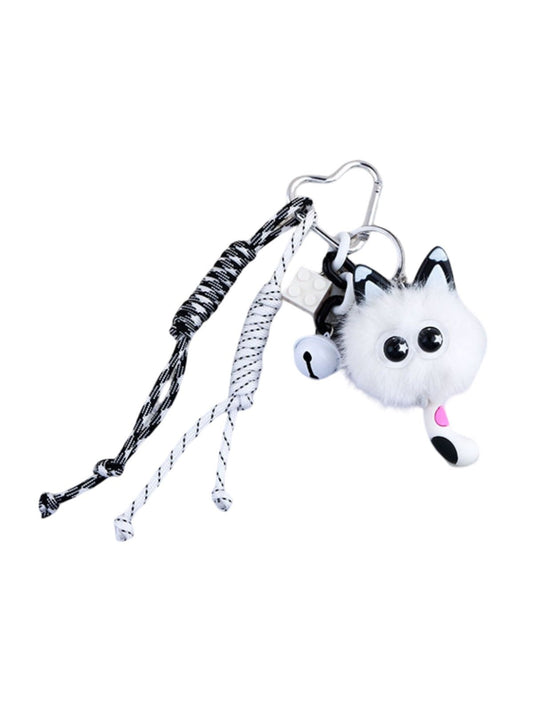 Bijou de Sac Chat Pompon Pouf - Mousqueton Cœur & Grelot - Accessoire Ludique Blanc
